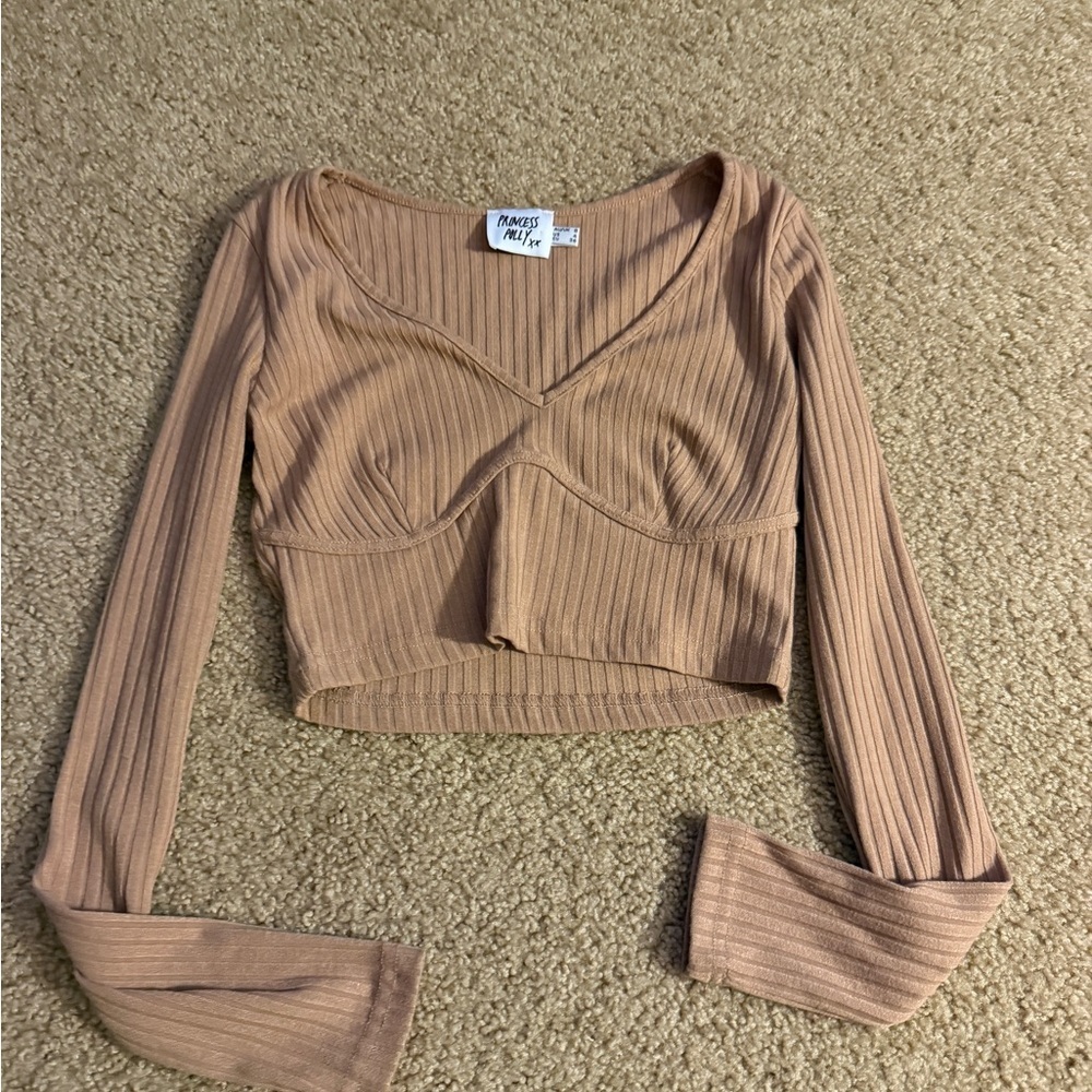Princess Polly Beige Ribbed Long Sleeve Crop Top